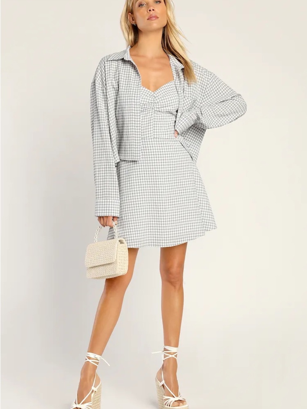 NWOT Perfectly Paired Grey Gingham Two-Piece Shirt Dress Set